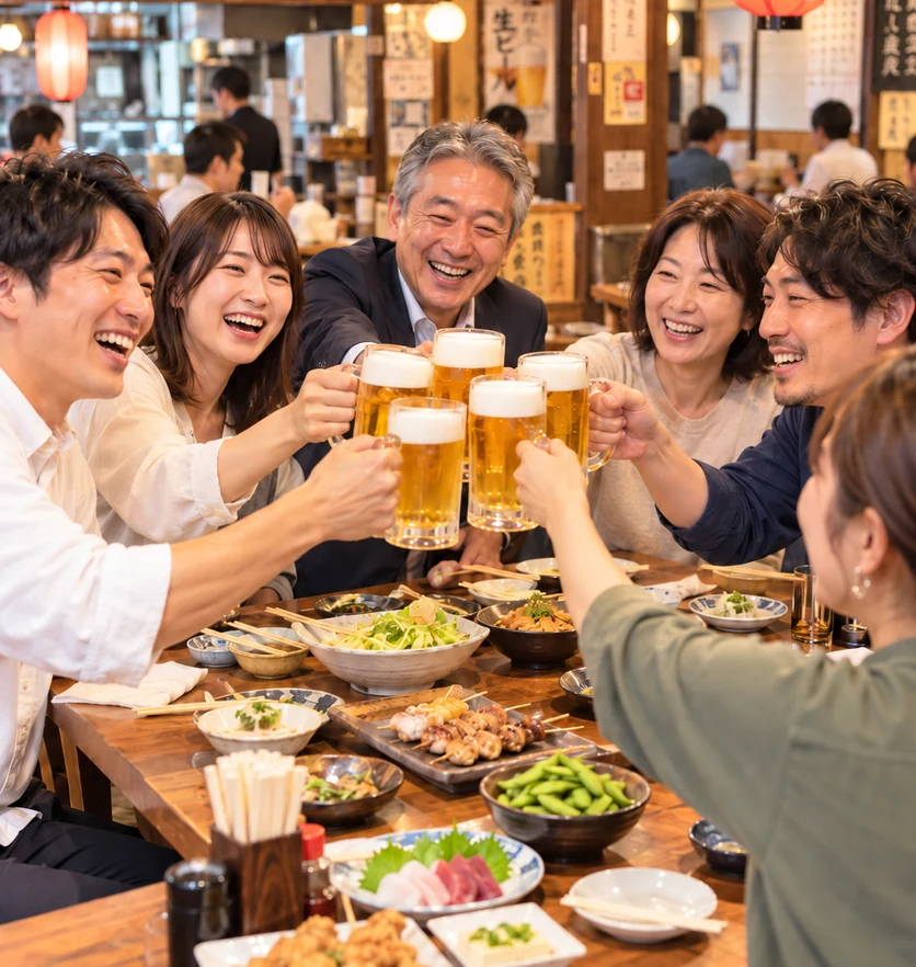 居酒屋で世代を超えて生ビールで乾杯する様子（イメージ）